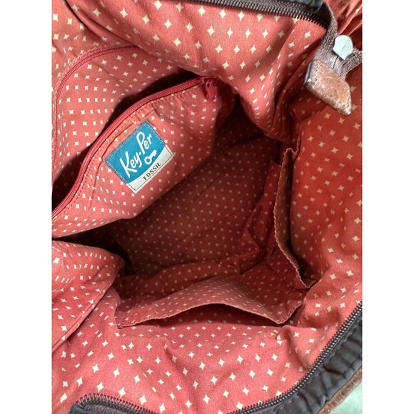 Fossil Key-Per Quilted Floral Fabric Cow Hide Leather Trim Shoulder Bag Tote - Picture 5 of 8